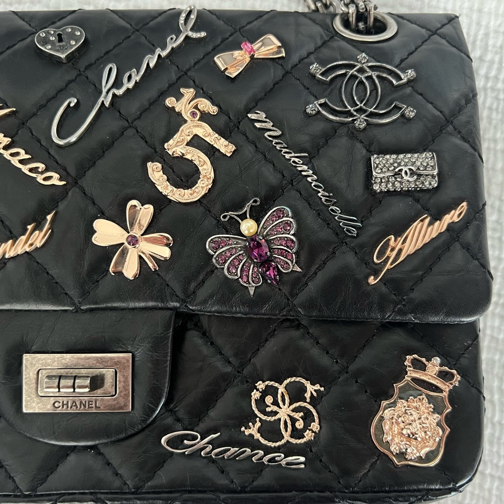CHANEL Lucky Charms 2.55 225 Black Reissue Classic Flap w/Pearl/Strass FULL SET - Picture 9 of 14